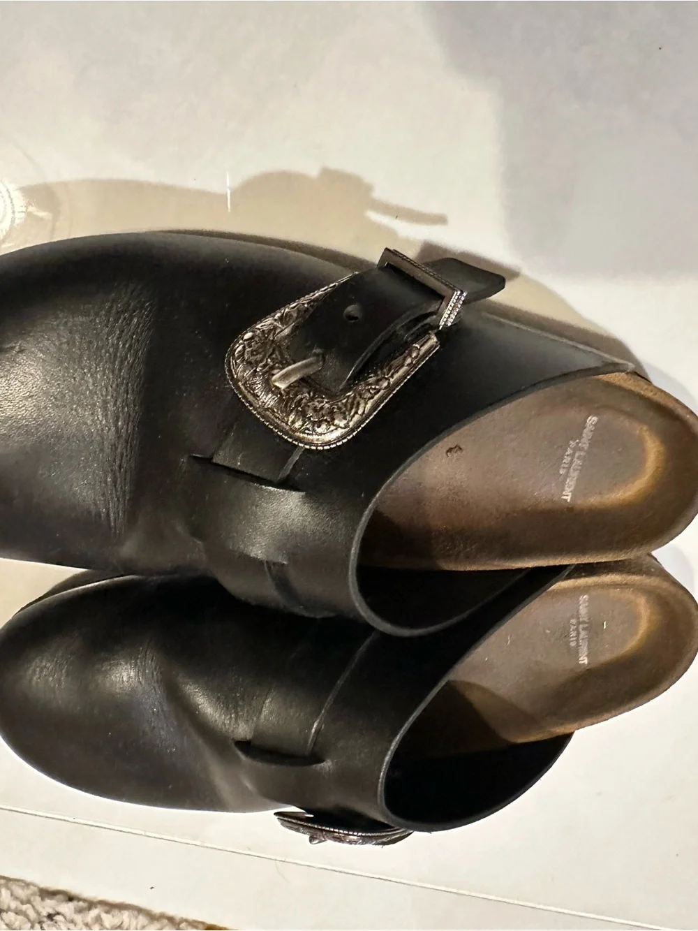 Saint Laurent Black Leather Slip-On Clog with Decorative Buckle
